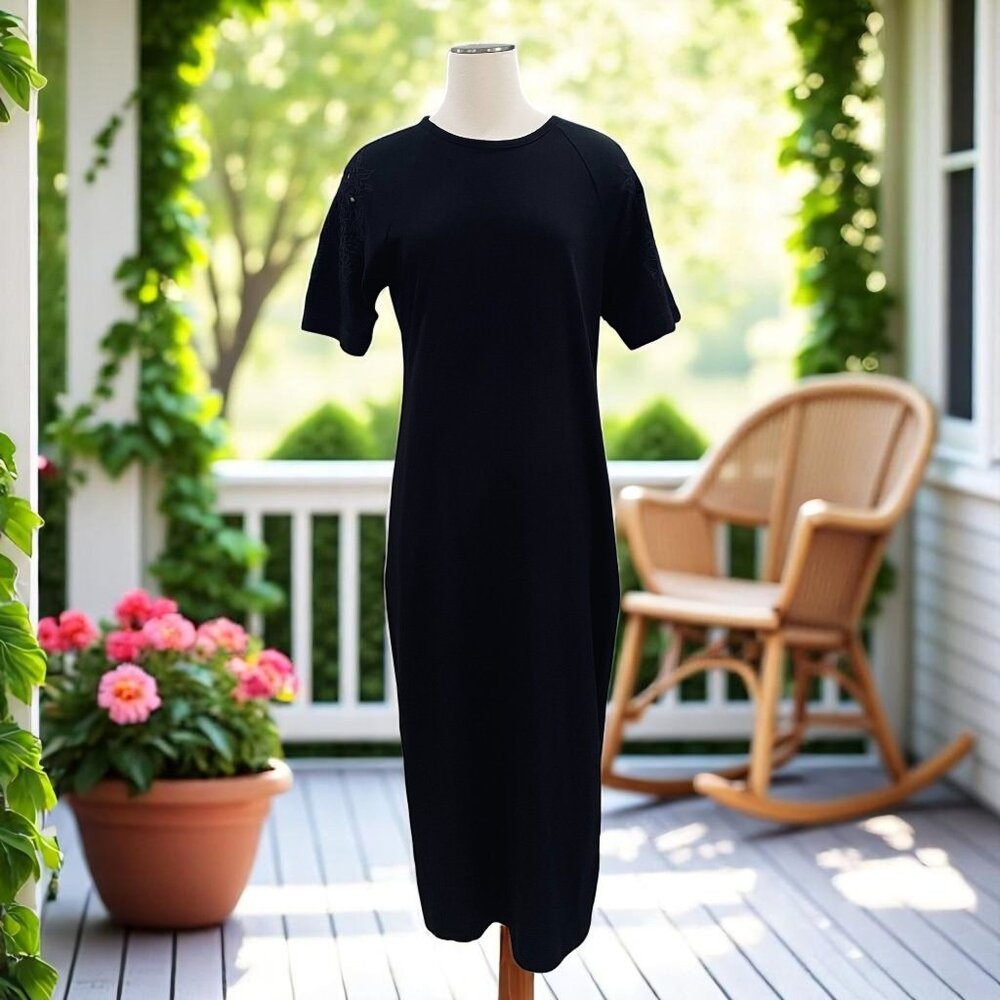 Next‎ Black Midi T-Shirt Dress 10 Floral Eyelet Sleeve Detail Casual Cotton Knit